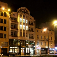 buildings, centre, night, Poznań, Street