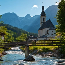 trees, River, buildings, Mountains, viewes, bridges