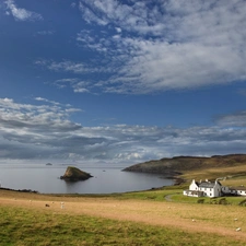 sea, clouds, buildings, Island