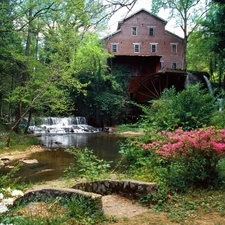 brook, Windmill, trees, cascade, Old car, Bush, viewes