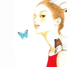 butterflies, Drawing, young, Women, redhead