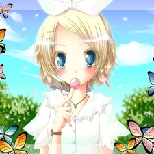 Vocaloid, Lollipop, butterflies, Rin Kagamine