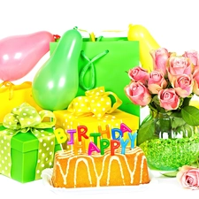 balloons, gifts, cake, Flowers