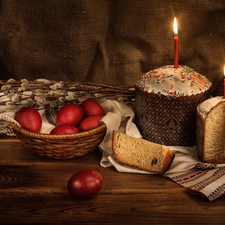 database, basket, napkin, eggs, candles, composition, Easter, cake
