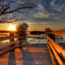 California, HDR, lake, Sunrise, bridges