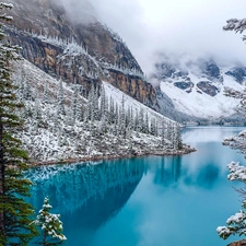 Lake, Canada, Mountains, Fog, forest, Moraine, lake, winter