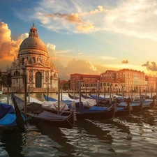 clouds, Harbour, Boats, Sunrise, Houses, Venice, Canal Grande, Italy, morning, Gondolas