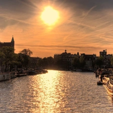 canal, apartment house, west, sun, Amsterdam