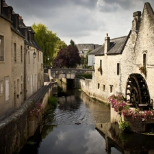 canal, Houses, water, by, Windmill