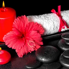 Candles, Stones, tray, Towel, hibiskus, Red, Spa, Colourfull Flowers
