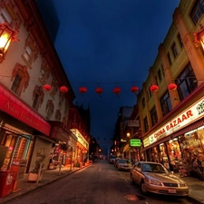 Chinatown, Street, cars, Houses
