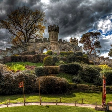 Warwick Castle, clouds, Garden, England