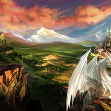 Mountains, Women, Castle, Dragon