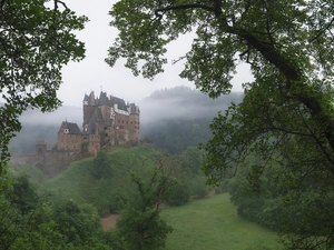 Fog, trees, River, Rhineland-Palatinate, The Hills, Eltz Castle, viewes, Germany, Municipality Wierschem, Mountains