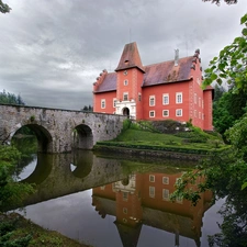 bridge, Czech Republic, trees, viewes, River, Cervena Lhota Castle