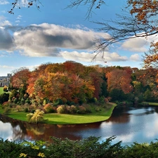 Park, lake, Castle, clouds, luminosity, shadow, sun, flash, ligh