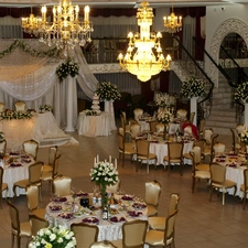 Restaurant, Stool, Chandeliers, tables