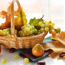 chestnuts, basket, autumn, Leaf, Fruits