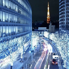 trees, Tokio, Christmas, decoration, viewes, night