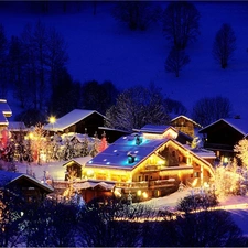 Christmas, Night, illuminated, Houses, winter