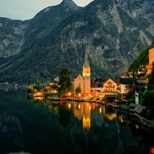 Church, Austria, Houses, Mountains, Hallstättersee Lake, Hallstatt