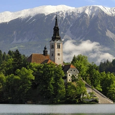 Mountains, woods, church, River