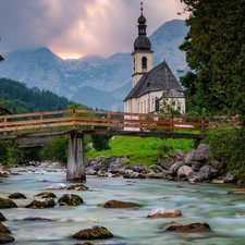 River Ramsauer Ache, Ramsau bei Berchtesgaden, Church of St. Sebastian, Bavaria, trees, Berchtesgaden National Park, Alps Mountains, Germany, bridge, viewes