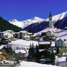 Church, Switzerland, woods, Houses, Mountains