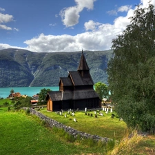 Church, trees, clouds, wooden, Mountains