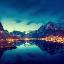 Mountains, light, City at Night, lake