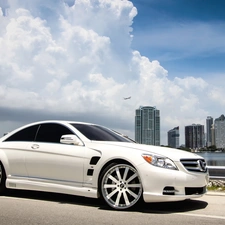CL Coupe, Mercedes, clouds, plane, skyscrapers, Benz