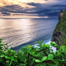 sea, clouds, cliff, rocks