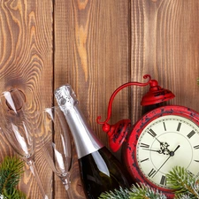 alarm clock, Champagne, boarding, glasses, cones, Red, composition, Twigs