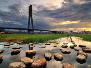 bridge, Stones, clouds, water