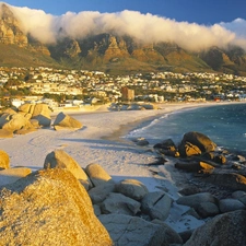 clouds, buildings, Stones, Cliffs, sea