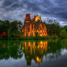 Castle, lake, clouds, fountain