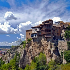 clouds, Cuenca, rocks, VEGETATION, Houses