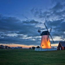 clouds, England, Meadow, village, Windmill