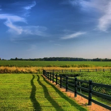 farm, fence, clouds, field