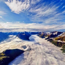 rays, Mountains, Over the Fjords, Aerial View, sun, clouds