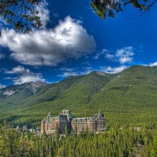 forest, Hotel hall, clouds, Mountains