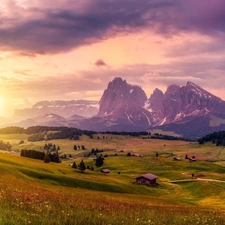 Dolomites, Italy, wood, Sassolungo Mountains, trees, clouds, Sunrise, Val Gardena Valley, Seiser Alm Meadow, viewes, Houses