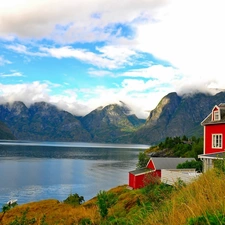 house, Mountains, clouds, lake