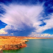 clouds, canyon, lake