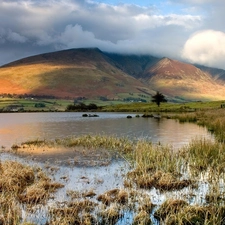 clouds, Mountains, lake