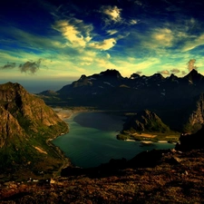 clouds, Mountains, lake