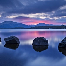 lake, Stones, clouds, Mountains