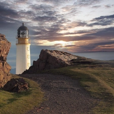 Lighthouse, rocks, clouds, maritime