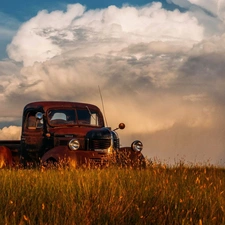 clouds, Pickup, Meadow