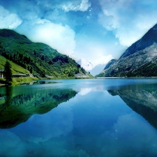 clouds, lake, Mountains